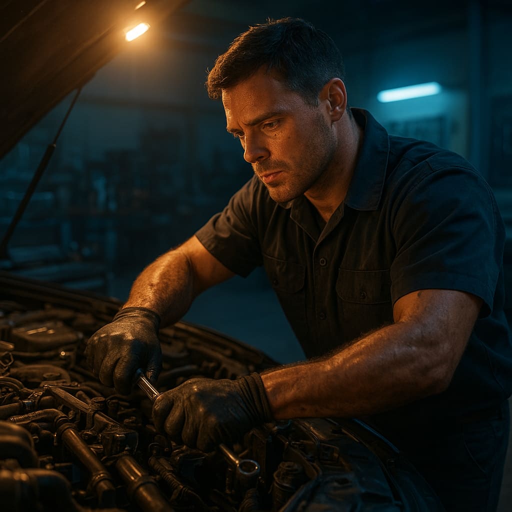 Mechaniker arbeitet an einem Motor